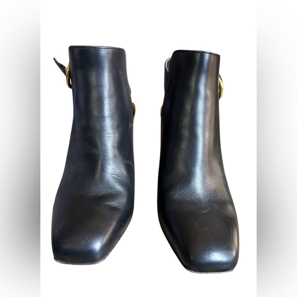 Salvatore Ferragamo Black Leather Slingback Mules with Gold Buckle